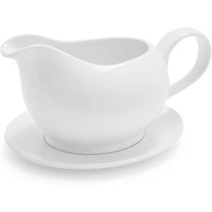 Sur La Table Porcelain Gravy Boat with Saucer, Classic White Lidded Vessel and Drip-Catching Saucer for Table Service