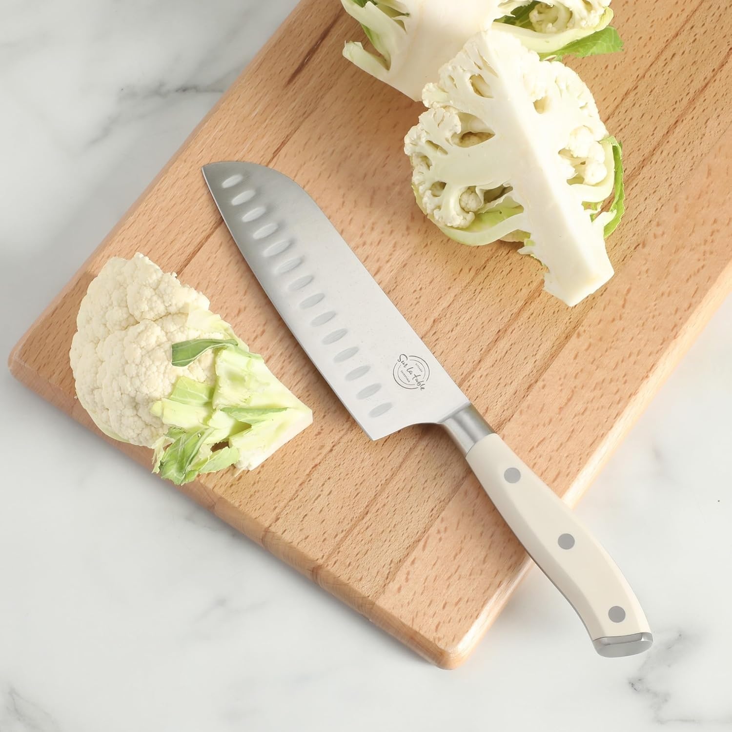 image:imageSur La Table Kitchen Essential Tasting Kitchen German Steel Slicer Knife 8Inch Stainless Steel Blade Professional Kitchen Knife with White Handle and Forged Full TangEggshell White 7 Santoku