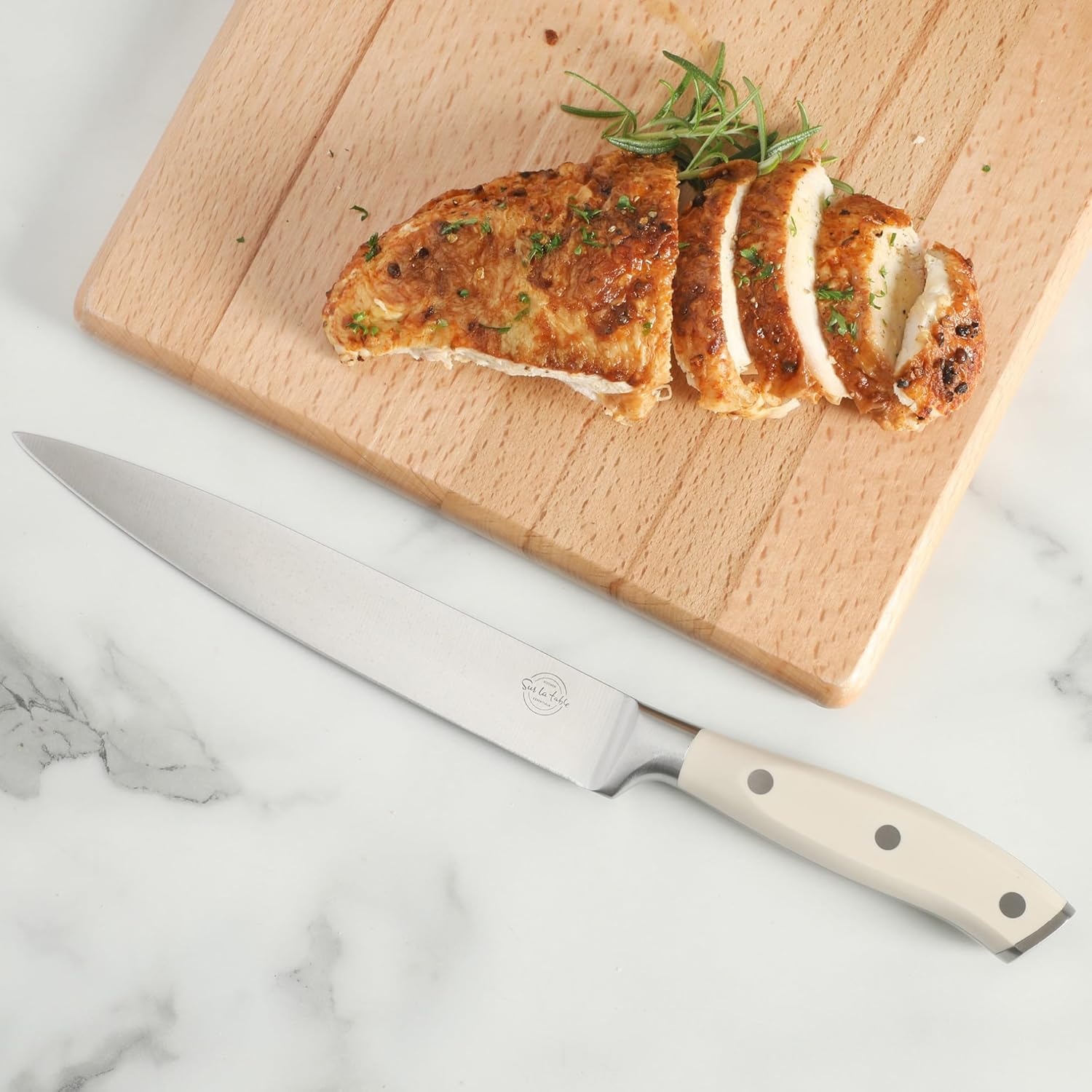 image:imageSur La Table Kitchen Essential Tasting Kitchen German Steel Slicer Knife 8Inch Stainless Steel Blade Professional Kitchen Knife with White Handle and Forged Full TangEggshell White 8 Slicer