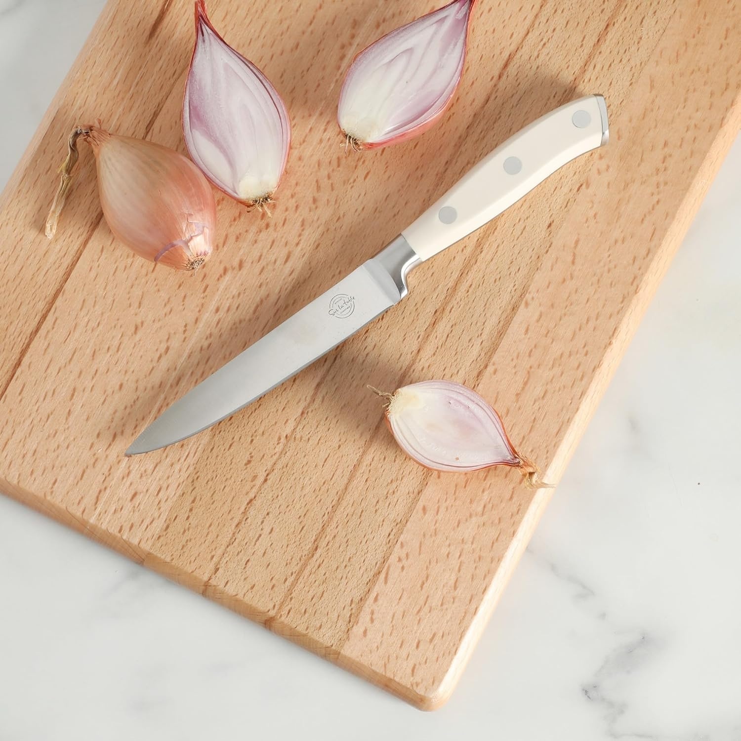 image:imageSur La Table Kitchen Essential Tasting Kitchen German Steel Slicer Knife 8Inch Stainless Steel Blade Professional Kitchen Knife with White Handle and Forged Full TangEggshell White 5 Utility