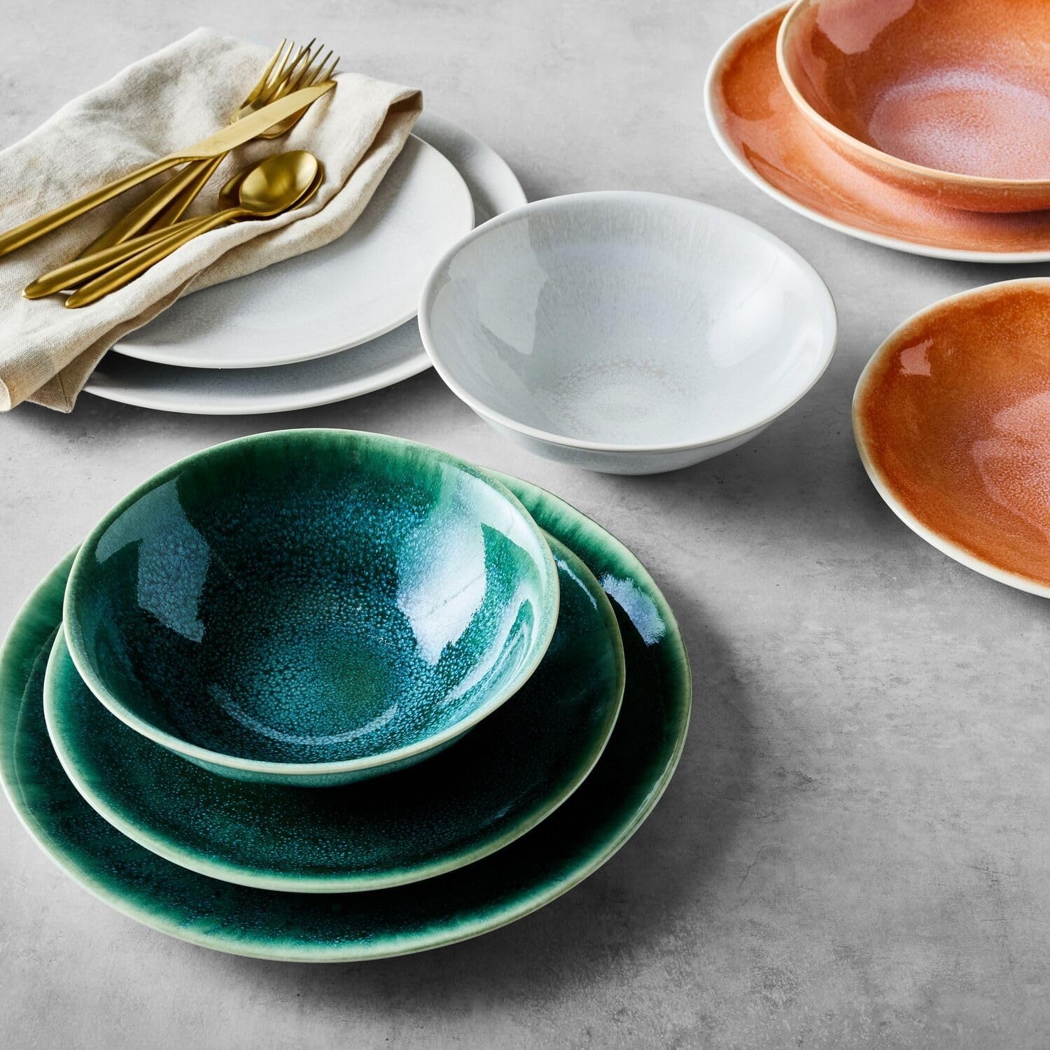 image:imageSur La Table Cloud Stoneware Dinnerware Set 12Piece Handcrafted Ceramic Collection Made in Portugal with Reactive Glaze Organic Design Dishwasher amp Microwave White