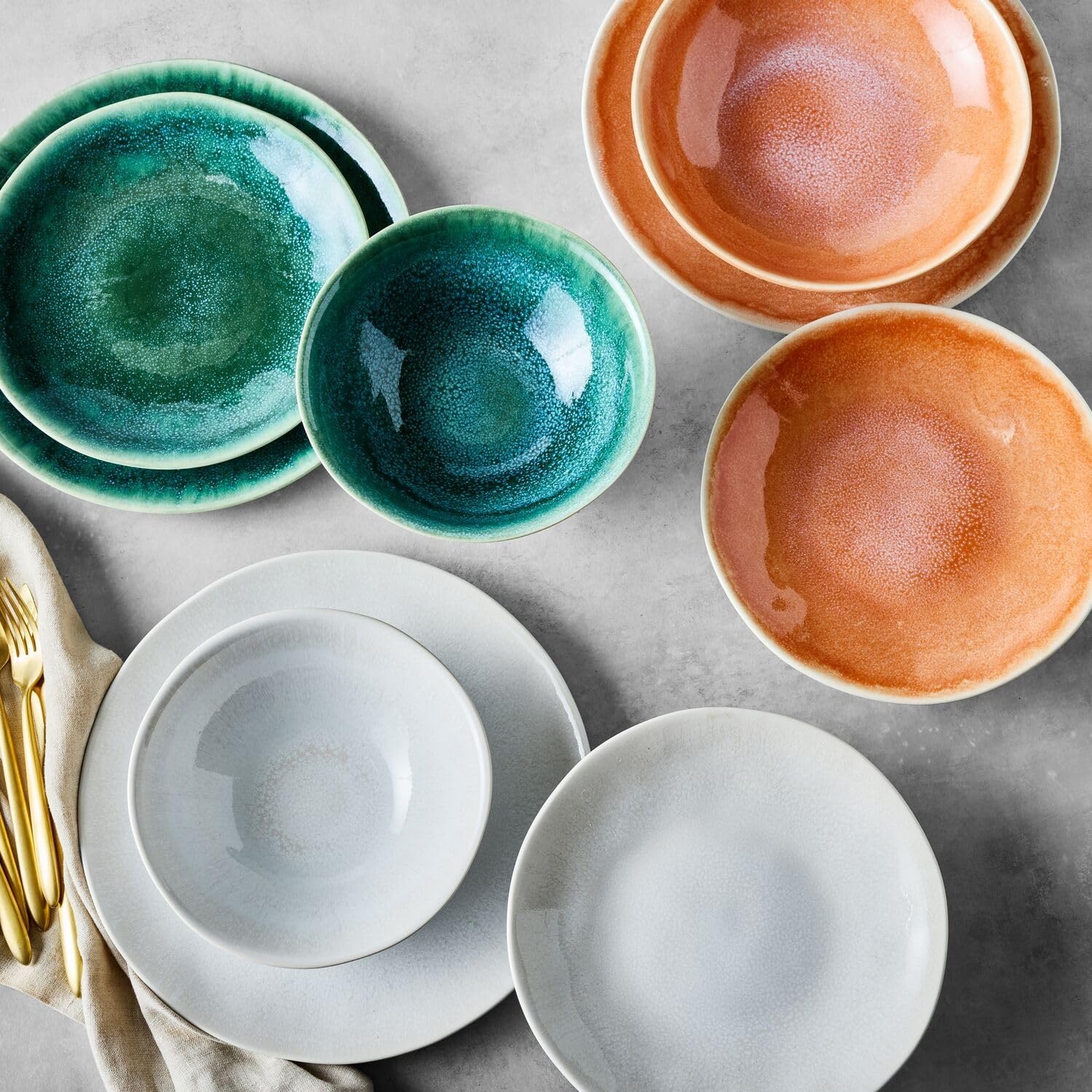 image:imageSur La Table Cloud Stoneware Dinnerware Set 12Piece Handcrafted Ceramic Collection Made in Portugal with Reactive Glaze Organic Design Dishwasher amp Microwave White
