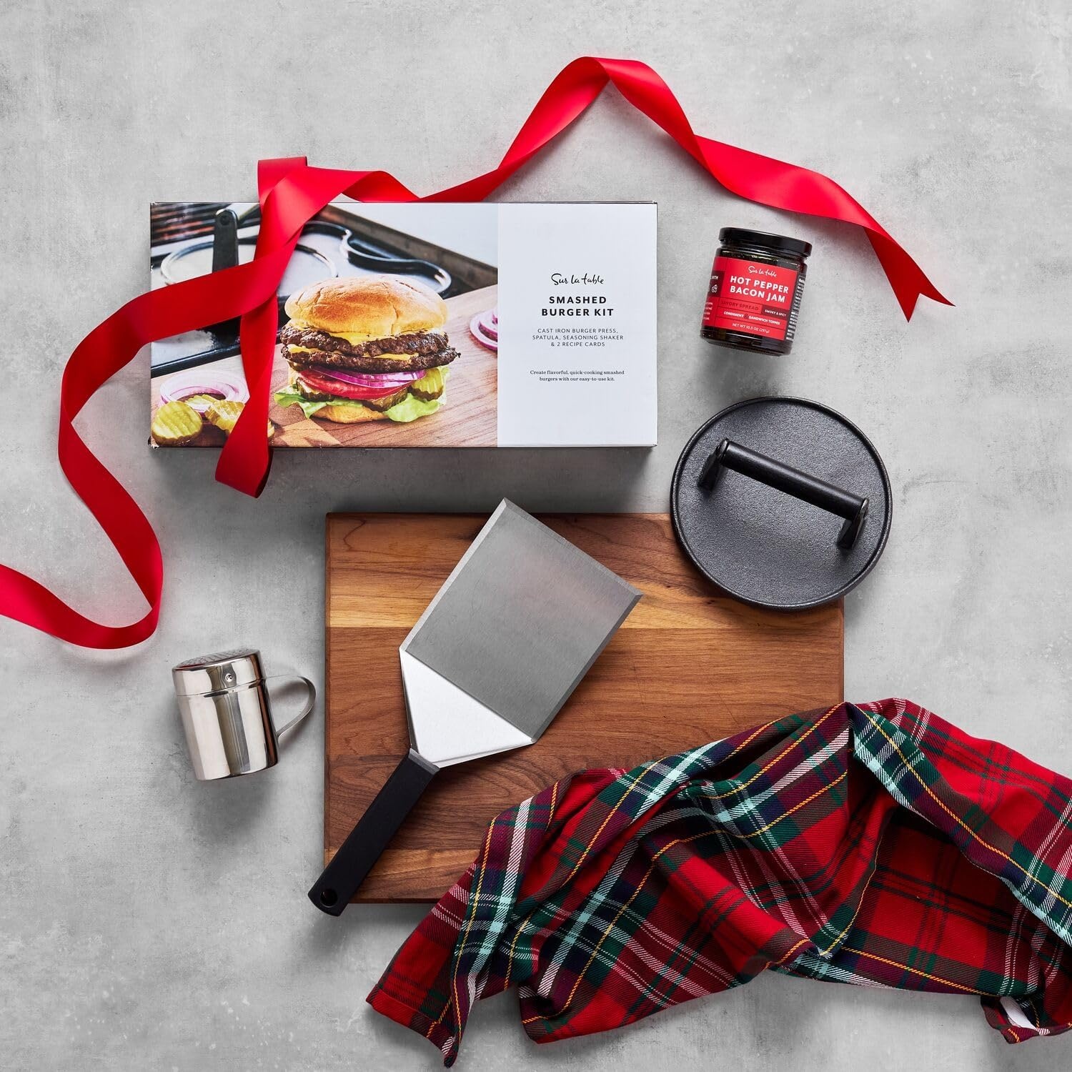 image:imageSur La Table Smash Burger Kit Heavy Cast Iron Press for Crispy Crust Patties Oversized Beveled Spatula Spice Shaker 2 Recipe Cards Premium Grill amp Griddle Cooking Set