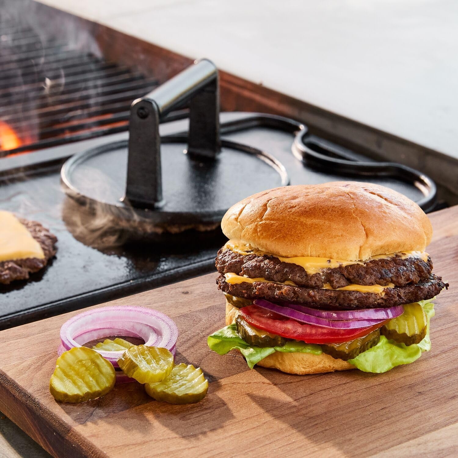 image:imageSur La Table Smash Burger Kit Heavy Cast Iron Press for Crispy Crust Patties Oversized Beveled Spatula Spice Shaker 2 Recipe Cards Premium Grill amp Griddle Cooking Set