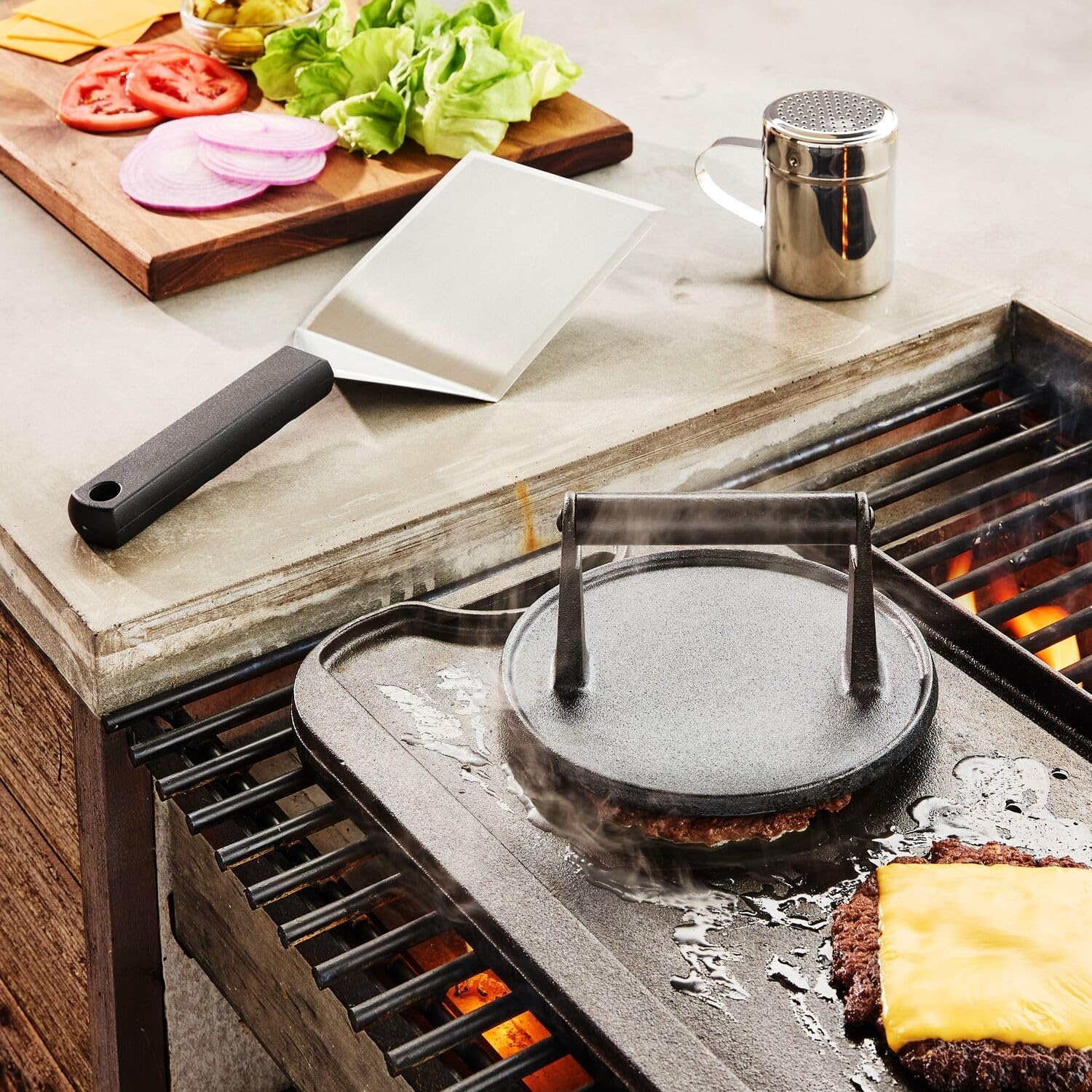 image:imageSur La Table Smash Burger Kit Heavy Cast Iron Press for Crispy Crust Patties Oversized Beveled Spatula Spice Shaker 2 Recipe Cards Premium Grill amp Griddle Cooking Set