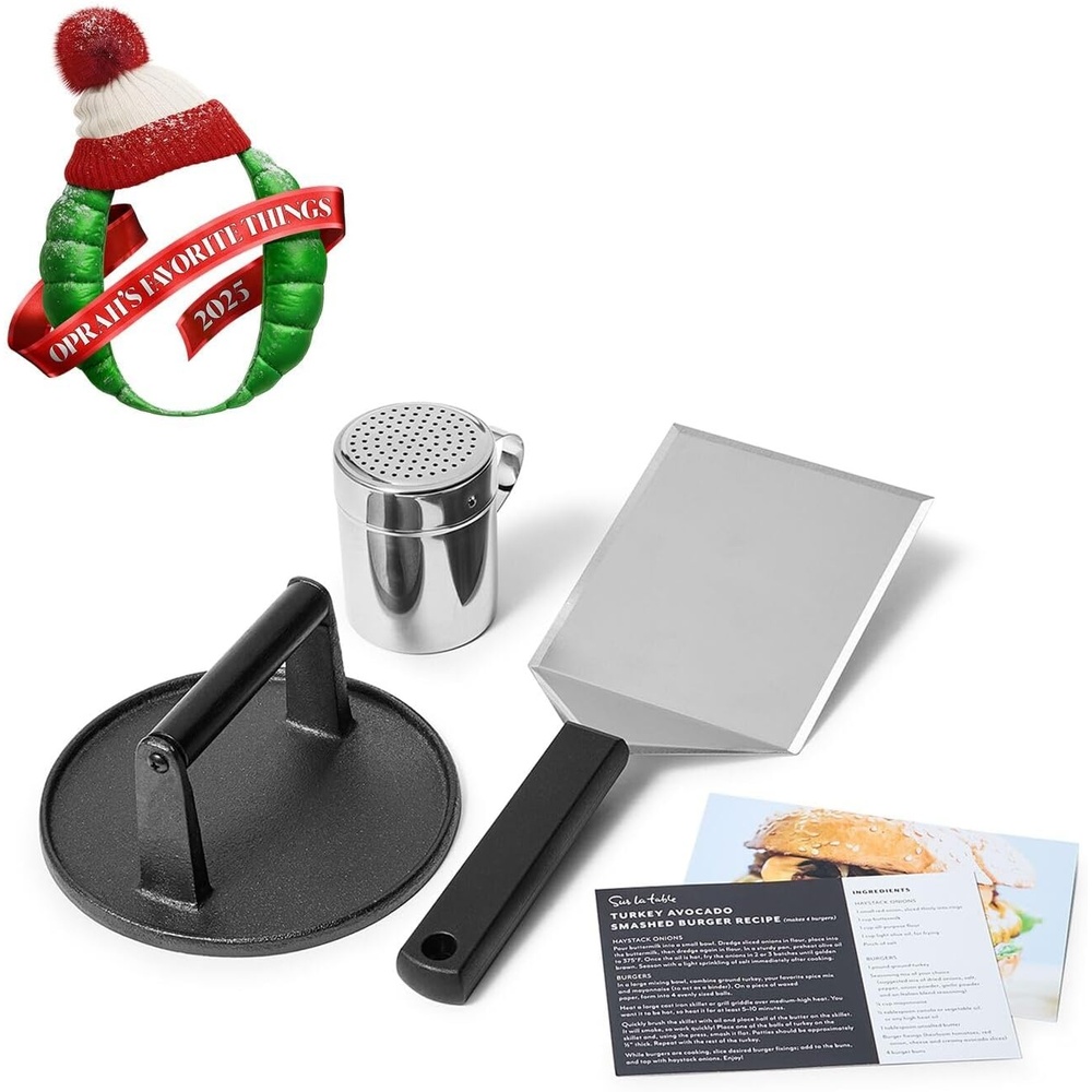 image:imageSur La Table Smash Burger Kit Heavy Cast Iron Press for Crispy Crust Patties Oversized Beveled Spatula Spice Shaker 2 Recipe Cards Premium Grill amp Griddle Cooking Set