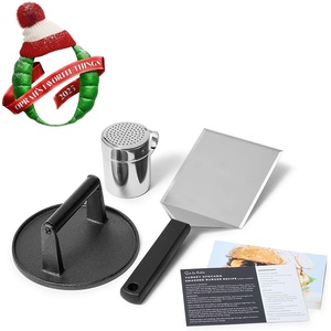 Sur La Table Smash Burger Kit – Heavy Cast Iron Press for Crispy Crust Patties, Oversized Beveled Spatula, Spice Shaker, 2 Recipe Cards – Premium Grill & Griddle Cooking Set