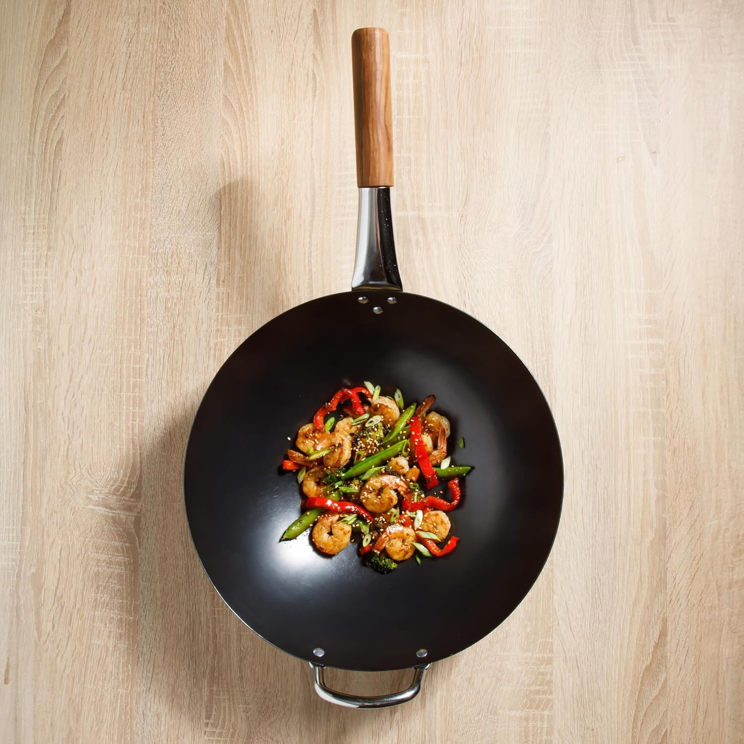 image:imageSUR LA TABLE Kitchen Essentials Quick Fire 135 Carbon Steel Flat Bottom Wok Durable Nonstick Stir Fry Pan