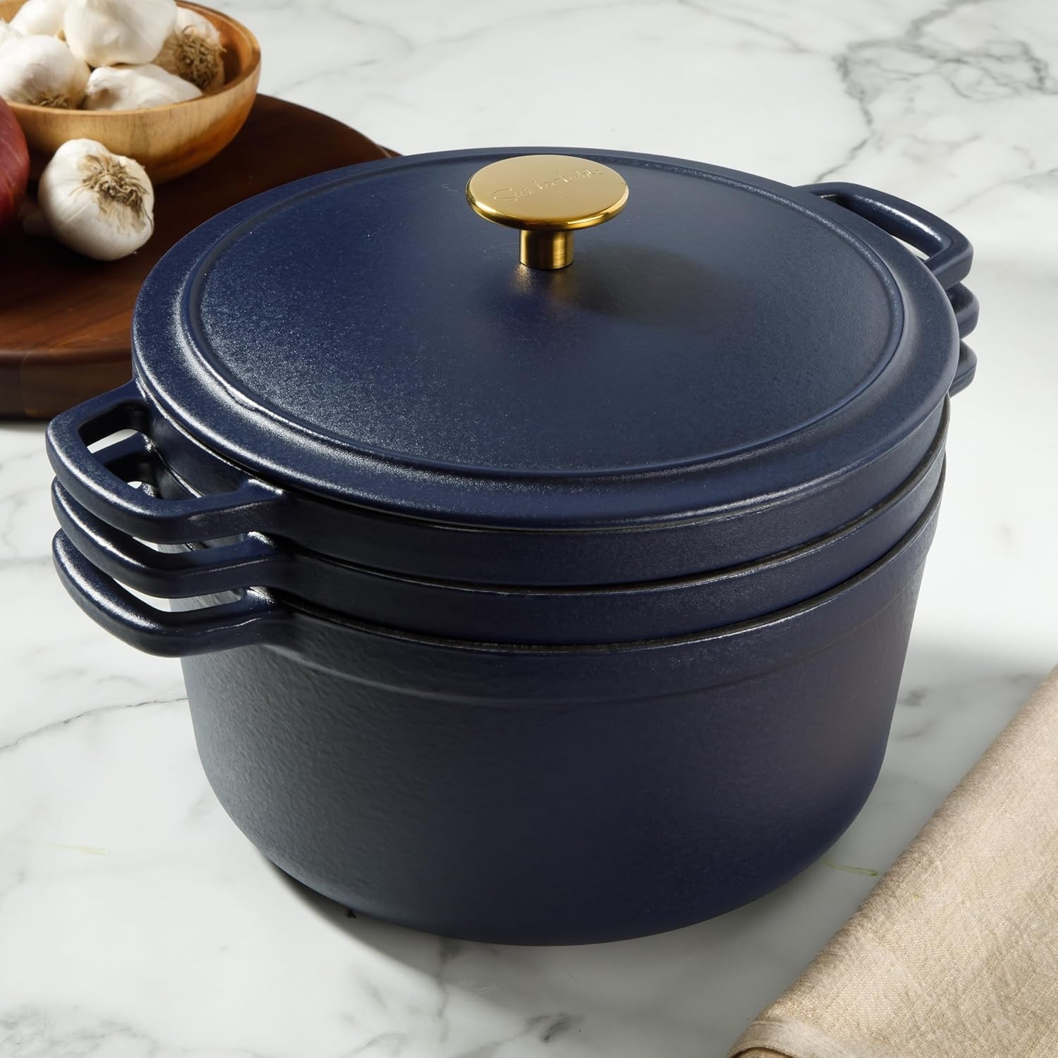 image:imageSur La Table Kitchen Essentials 4Piece Enameled Cast Iron Stackable Cookware Set 53 Qt Dutch Oven with Lid Braiser amp Grill Pan Navy Blue Gold Knob Oven Safe to 500F Induction CompatibleNavy Blue w Gold Knob Cookware Set