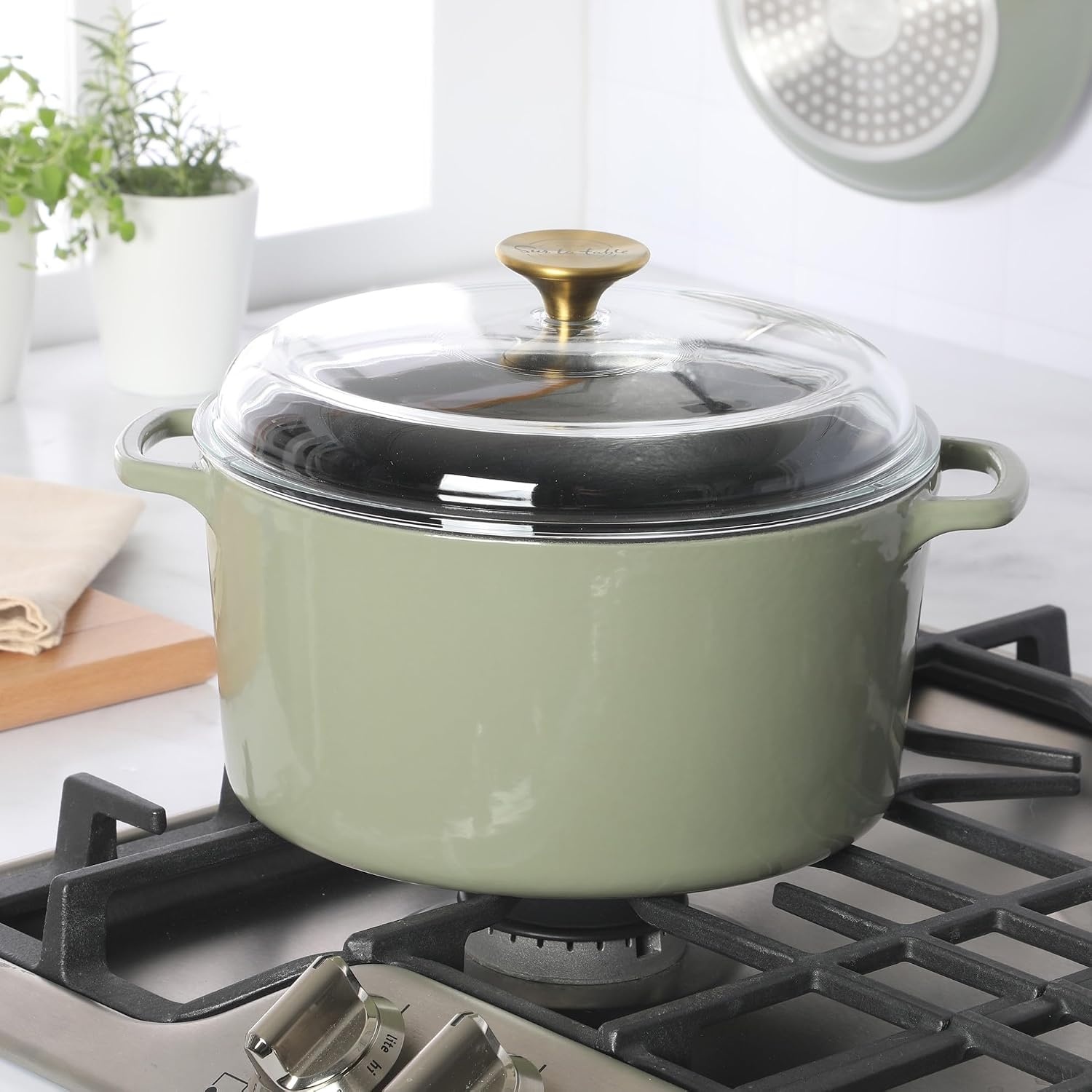 image:imageSur La Table Kitchen Essentials 4Piece Enameled Cast Iron Stackable Cookware Set 53 Qt Dutch Oven with Lid Braiser amp Grill Pan Navy Blue Gold Knob Oven Safe to 500F Induction CompatibleJuniper Green 5qt Dutch