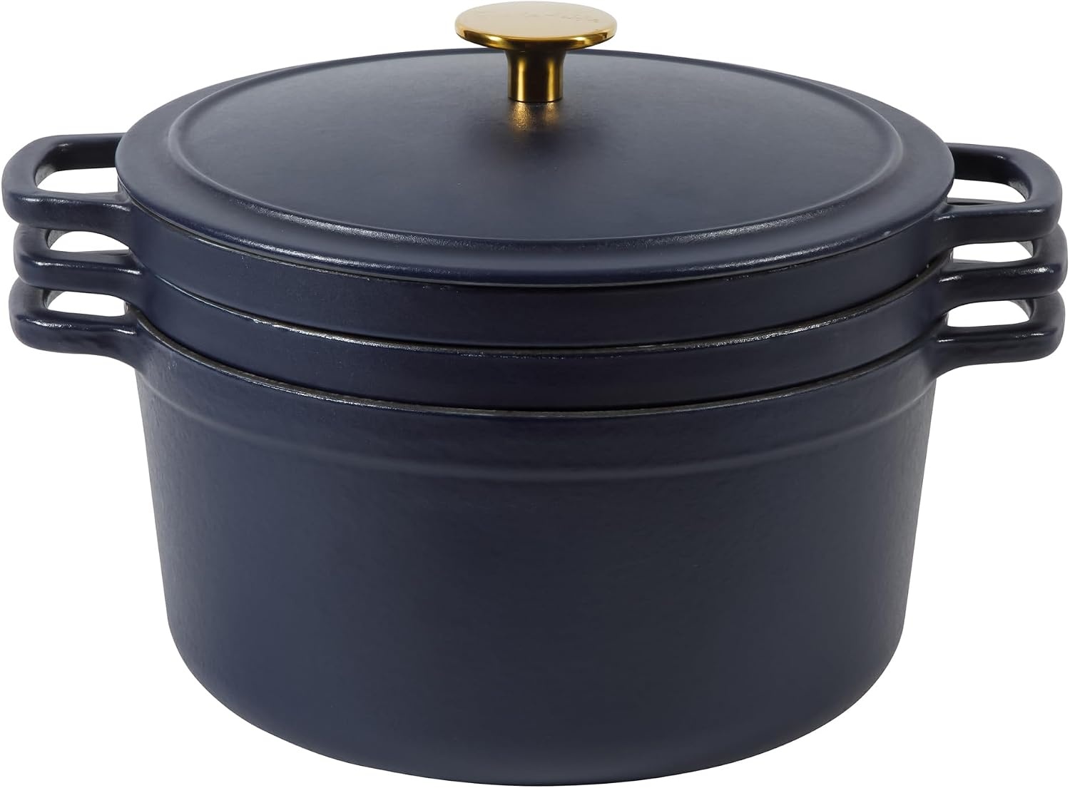 image:imageSur La Table Kitchen Essentials 4Piece Enameled Cast Iron Stackable Cookware Set 53 Qt Dutch Oven with Lid Braiser amp Grill Pan Navy Blue Gold Knob Oven Safe to 500F Induction CompatibleNavy Blue w Gold Knob Cookware Set