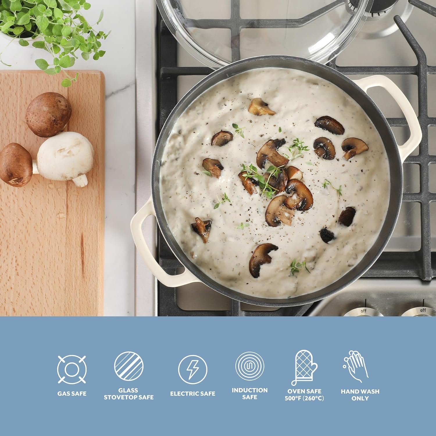 image:imageSur La Table Kitchen Essentials 4Piece Enameled Cast Iron Stackable Cookware Set 53 Qt Dutch Oven with Lid Braiser amp Grill Pan Navy Blue Gold Knob Oven Safe to 500F Induction CompatibleEggshell White 5qt Dutch