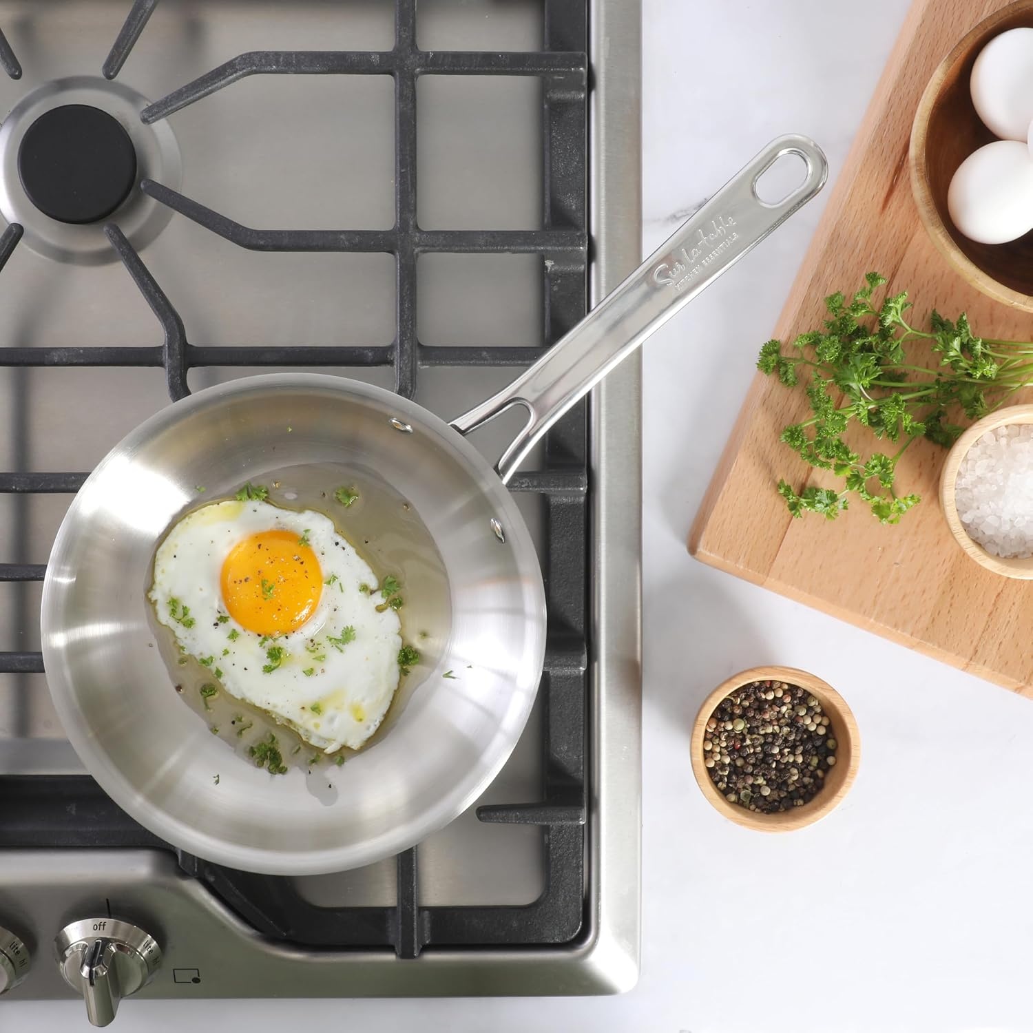 image:imageSur La Table Kitchen Essentials Chefs Deck 8Inch Stainless Steel Frying Pan Induction Ready Skillet with TriPly Base Polished Finish amp Hollow StayCool HandleStainless Steel