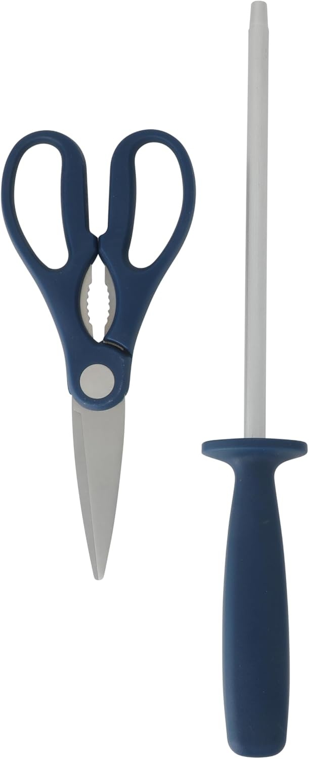 image:imageSur La Table Kitchen Essentials Knife Set with Block 14Piece Forged German Steel Kitchen Knives Beech Wood Block Chef Santoku Bread amp Steak Knives Shears amp Sharpener BlueBlue 14pc Set