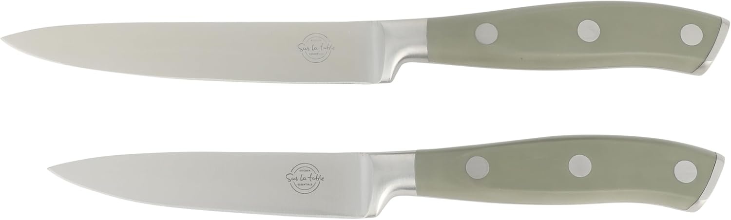 image:imageSur La Table Kitchen Essentials Tasting Kitchen HighCarbon German Steel 7 Piece Full Tang Forged Cutlery Knife Block Set Eggshell White WAshwood BlockJuniper Green w Ashwood Block
