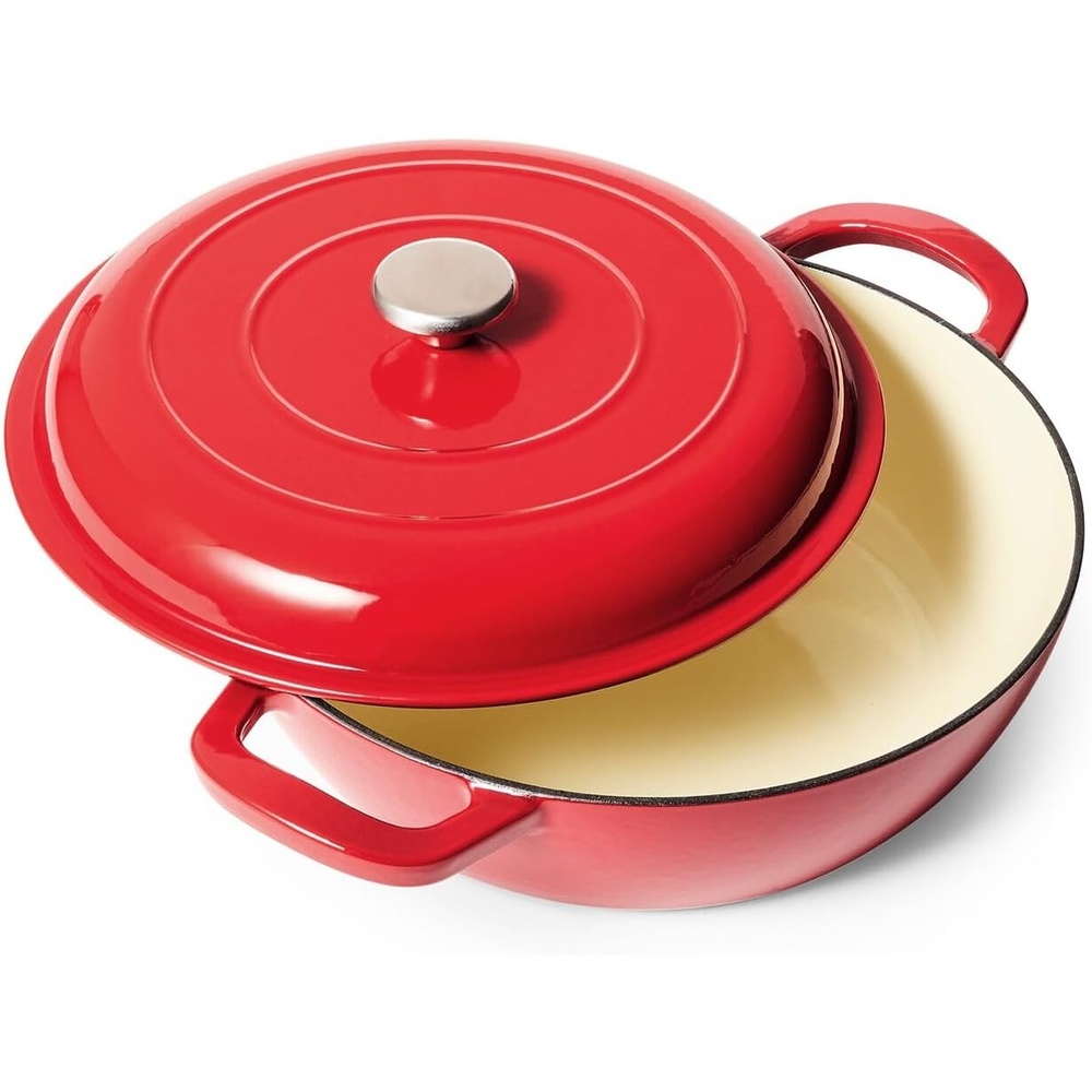image:imageSur La Table Enameled Cast Iron Deep Braiser 5 Qt Red Domed Lid Braising Pan for Slow Cooking Searing and OventoTable Serving 5 Qt
