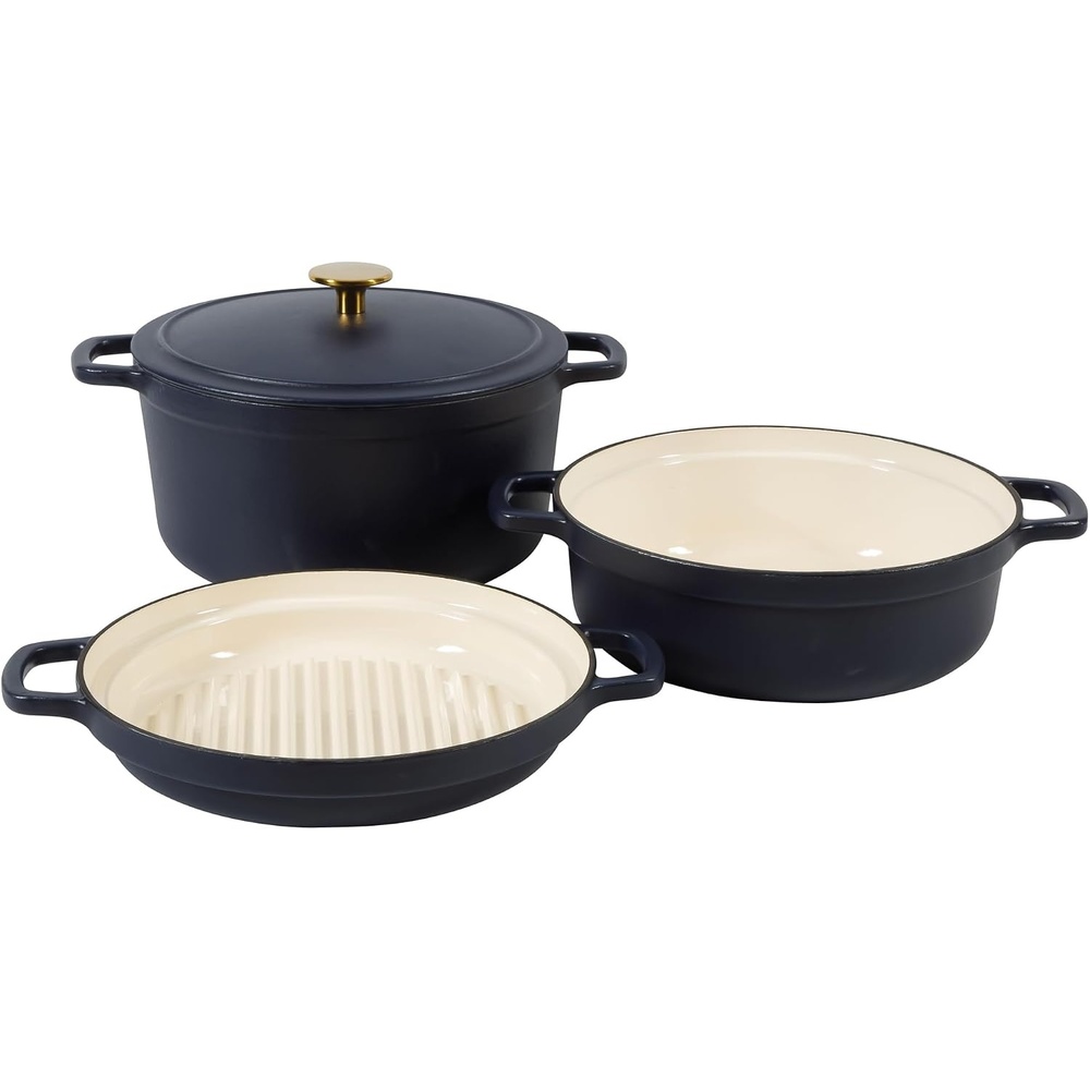 image:imageSur La Table Kitchen Essentials 4Piece Enameled Cast Iron Stackable Cookware Set 53 Qt Dutch Oven with Lid Braiser amp Grill Pan Navy Blue Gold Knob Oven Safe to 500F Induction CompatibleNavy Blue w Gold Knob Cookware Set