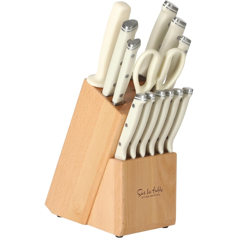 image:imageSur La Table Kitchen Essentials Knife Set with Block 14Piece Forged German Steel Kitchen Knives Beech Wood Block Chef Santoku Bread amp Steak Knives Shears amp Sharpener BlueLinen White 14pc Set