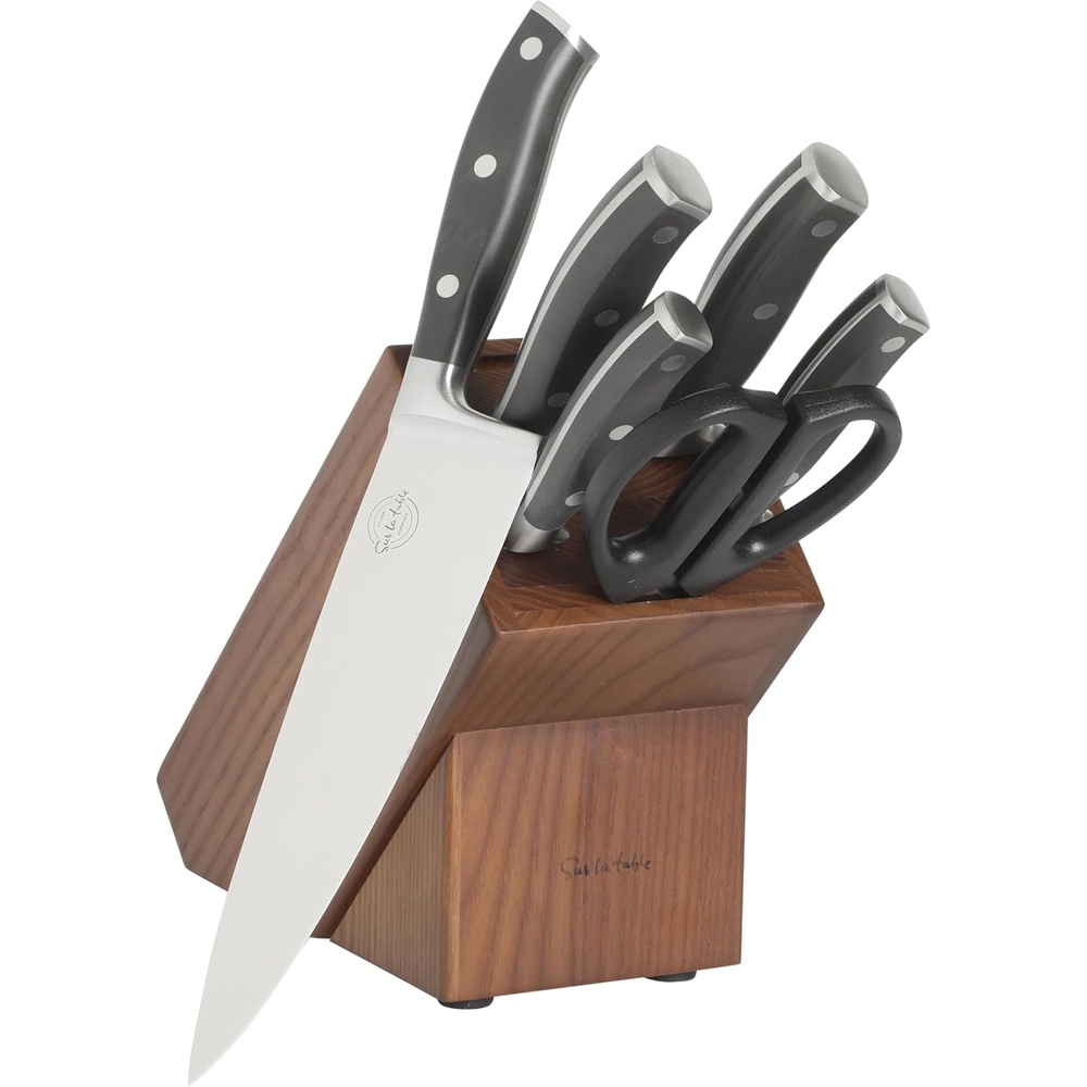image:imageSur La Table Kitchen Essentials Tasting Kitchen HighCarbon German Steel 7 Piece Full Tang Forged Cutlery Knife Block Set  Eggshell White WAshwood BlockBlack