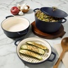 Sur La Table Kitchen Essentials 4-Piece Enameled Cast Iron Stackable Cookware Set, 5.3 Qt Dutch Oven with Lid, Braiser & Grill Pan, Navy Blue, Gold Knob Oven Safe to 500°F, Induction Compatible(Navy Blue w/ Gold Knob (Cookware Set))