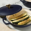 Sur La Table Kitchen Essentials 4-Piece Enameled Cast Iron Stackable Cookware Set, 5.3 Qt Dutch Oven with Lid, Braiser & Grill Pan, Navy Blue, Gold Knob Oven Safe to 500°F, Induction Compatible(Navy Blue w/ Gold Knob (Cookware Set))