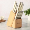 Sur La Table Kitchen Essentials Knife Set with Block, 14-Piece Forged German Steel Kitchen Knives, Beech Wood Block, Chef, Santoku, Bread & Steak Knives, Shears & Sharpener – Blue(Linen White (14pc Set))