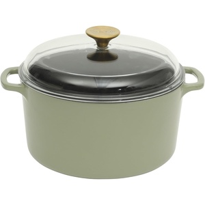 Sur La Table Kitchen Essentials 4-Piece Enameled Cast Iron Stackable Cookware Set, 5.3 Qt Dutch Oven with Lid, Braiser & Grill Pan, Navy Blue, Gold Knob Oven Safe to 500°F, Induction Compatible(Juniper Green (5qt Dutch))