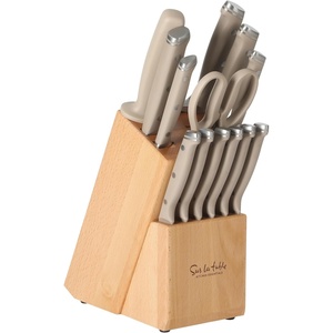 Sur La Table Kitchen Essentials Knife Set with Block, 14-Piece Forged German Steel Kitchen Knives, Beech Wood Block, Chef, Santoku, Bread & Steak Knives, Shears & Sharpener – Blue(Taupe (14pc Set))