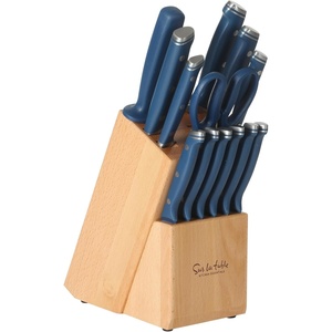 Sur La Table Kitchen Essentials Knife Set with Block, 14-Piece Forged German Steel Kitchen Knives, Beech Wood Block, Chef, Santoku, Bread & Steak Knives, Shears & Sharpener – Blue(Blue (14pc Set))