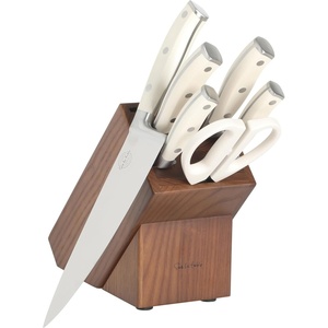 Sur La Table Kitchen Essentials Tasting Kitchen High-Carbon German Steel 7 Piece Full Tang Forged Cutlery Knife Block Set – Eggshell White W/Ashwood Block(Eggshell White w/ Ashwood Block)