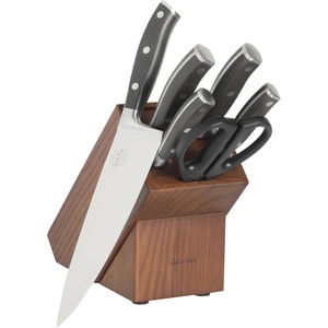 Sur La Table Kitchen Essentials Tasting Kitchen High-Carbon German Steel 7 Piece Full Tang Forged Cutlery Knife Block Set – Eggshell White W/Ashwood Block(Black)