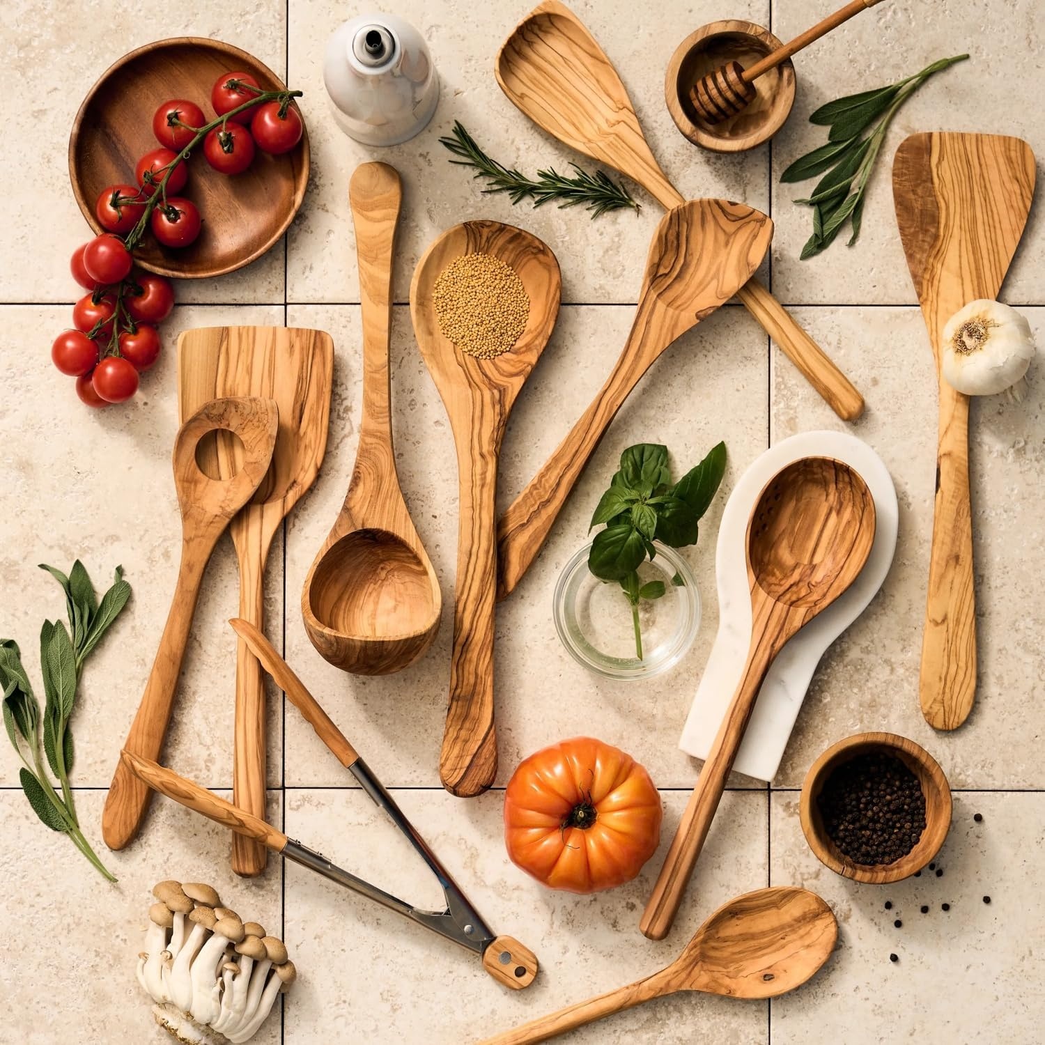 image:imageSur La Table Olivewood Tipped Tongs Tan