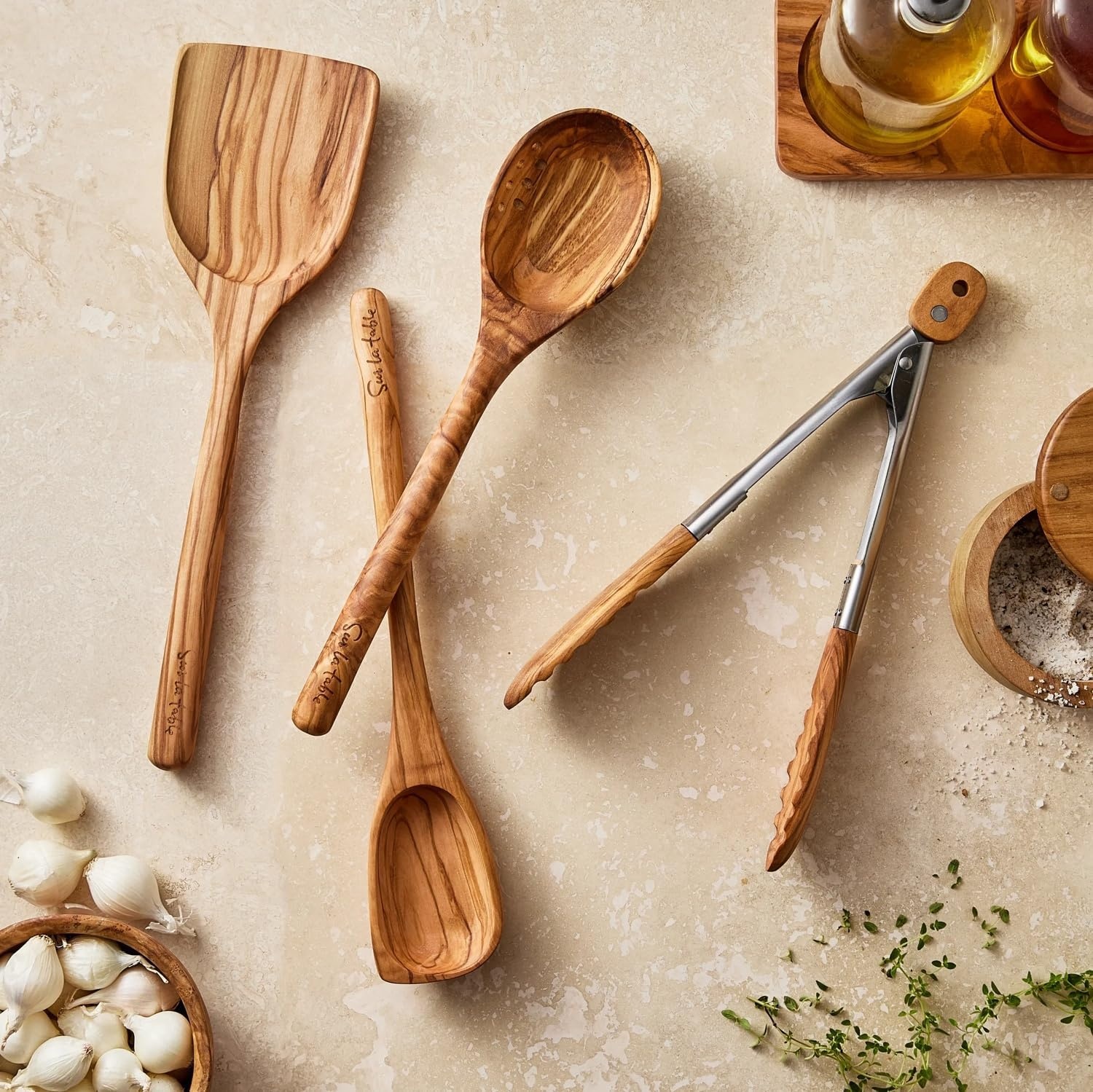 image:imageSur La Table Olivewood Tipped Tongs Tan